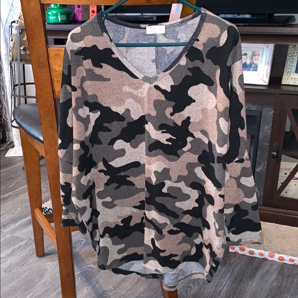 Womens Half long Sleeve Camouflage V-Neck Sweater Size Large